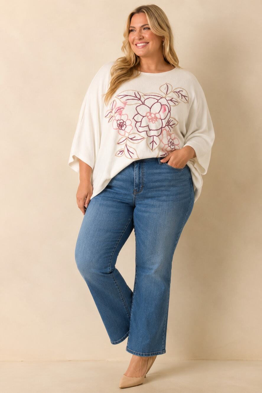 Aaeda 3X Ivory Floral Embroidered Dolman Knit Sweater NWT Plus Size Nylon Blend